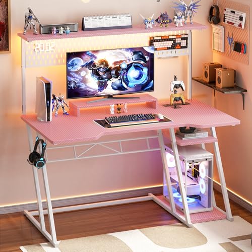 Armocity Gaming Computer Desk with Shelves and Outlets, Gaming Desk with Hutch and LED Lights, Reversible PC Gaming Desks with Pegboard, Carbon Fiber Black 47''