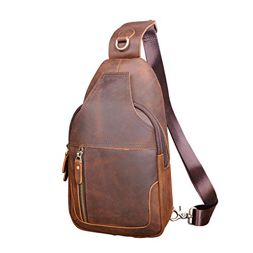 Le'aokuu Men Fashion Casual Tea Designer Travel Hiking Crossbody Chest Sling Bag Rig One Shoulder Strap Bag Men Leather 8015