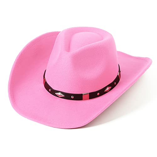 Lanzom Women Men Classic Felt Wide Brim Western Cowboy Cowgirl Hat with Belt Buckle
