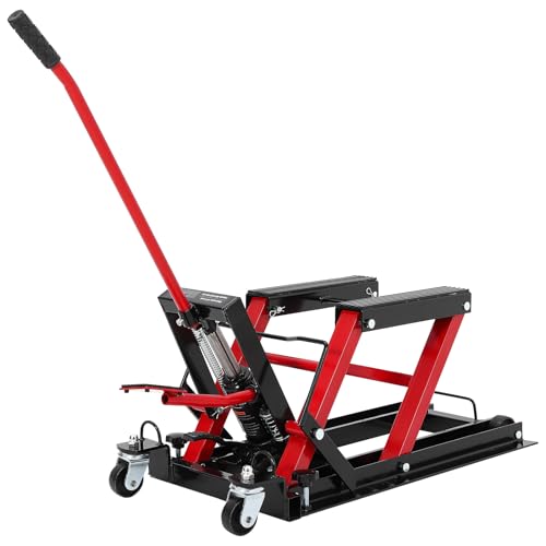 Hydraulic Motorcycle Lift Jack 1500Lb Capacity ATV Scissor Jack with 4.7-14.57in Height Adjustment, Non-Slip Platform & 360° Swivel Casters, Garage Lift for Dirkbikes, Utvs, Red
