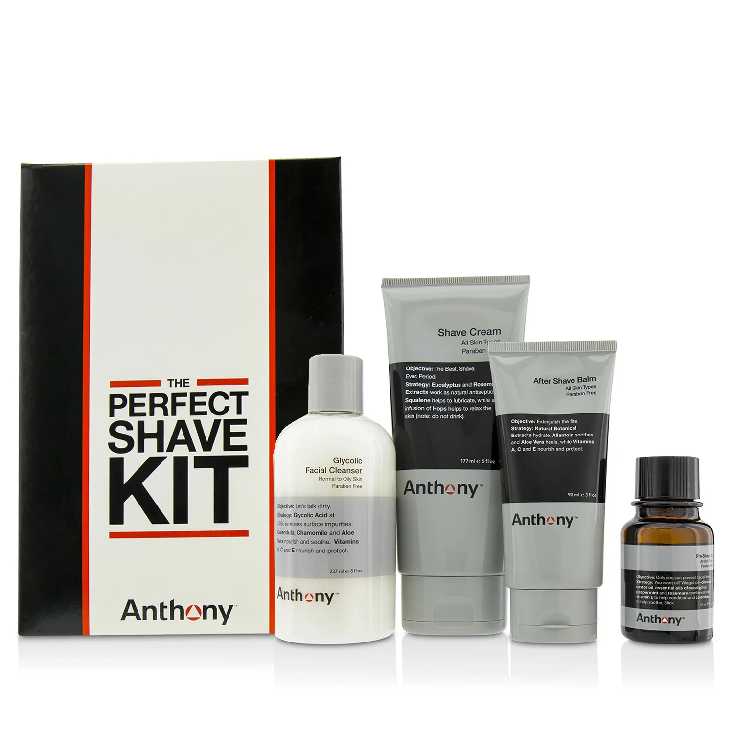 Anthony Logistics For Men The Perfect Shave Kit: Cleanser + Pre-Shave Oil + Shave Cream + After Shave Cream  4pcs