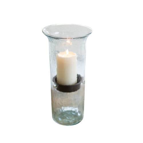 First of a Kind Small Glass Hurricane Pillar Candle Holder with Rustic Metal Insert, Perfect as a Centerpiece