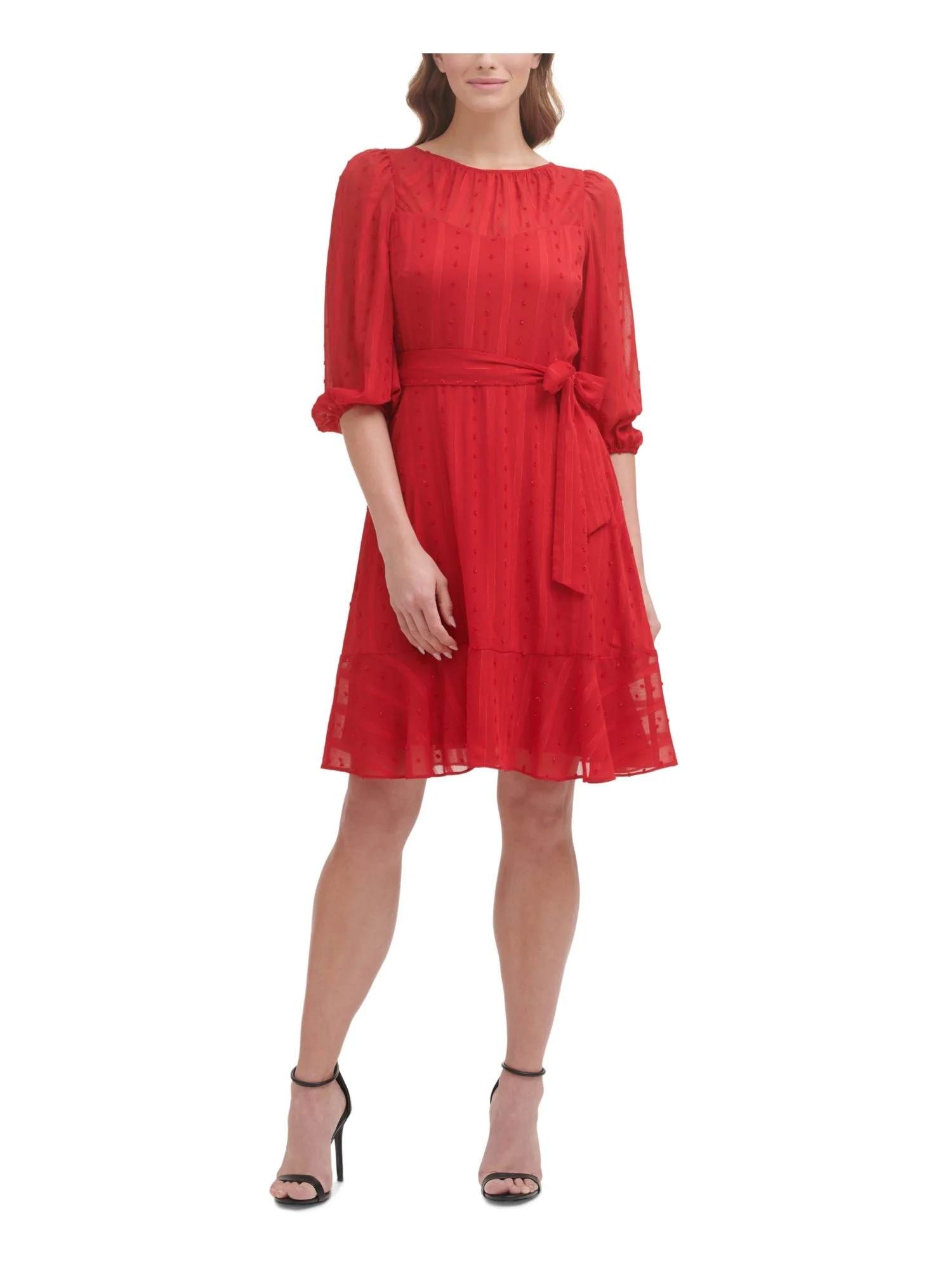 DKNY Womens Red Gathered Zippered Tie Sash Ruffled Hem Striped Pouf Sleeve Jewel Neck Above The Knee Wear To Work Fit + Flare Dress 4
