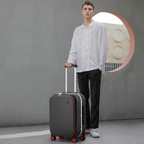 mixi Carry On Luggage, 20'' Suitcase with Front Laptop Pocket, Travel Rolling Luggage Aluminum Frame PC Hardside with Spinner Wheels & TSA Lock and Cover - Smoke White