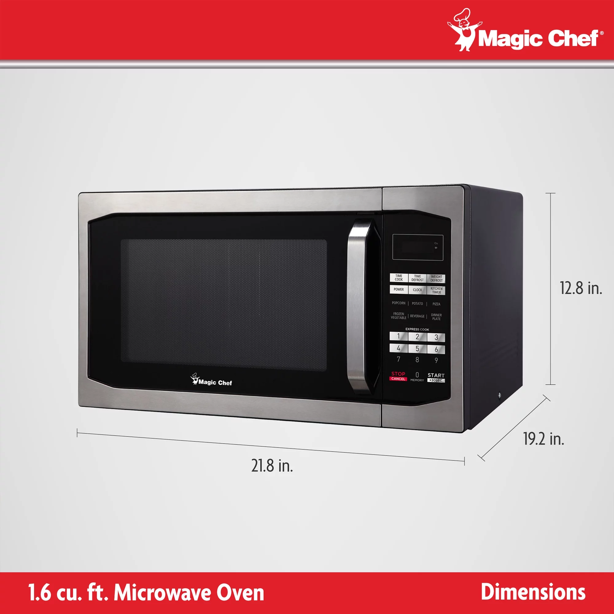 Magic Chef 1100 Watt 1.6 Cu. ft. Digital Countertop Microwave, Stainless Steel, New
