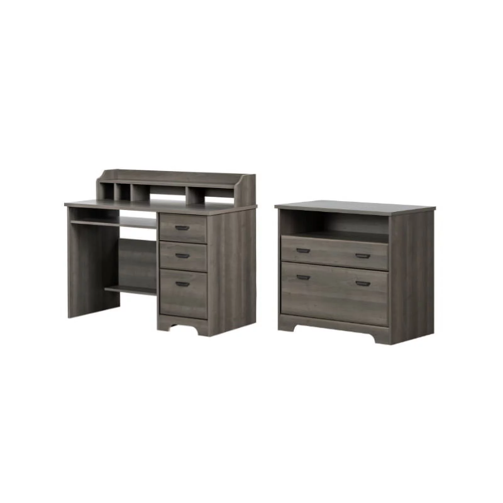 South Shore Versa Desk with Hutch and 2-Drawer File Cabinet Set in Gray Maple