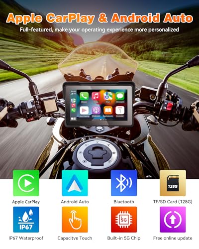 Motorcycle CarPlay Screen, 7 Inch Waterproof Touchscreen, Portable Carplay & Android Auto GPS Navigation Screen for Motorbike,Support Dual Bluetooth, Car GPS, Siri, G00gle Assistant, TF-128G