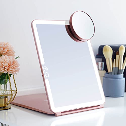 Foldable Double Sided Tabletop Mirror - Rechargeable Lighted Magnifying Mirror 10 X and 1X，3 Colors Light - Adjustable Foldable Handle for Makeup/Travel and Blackhead Removal.