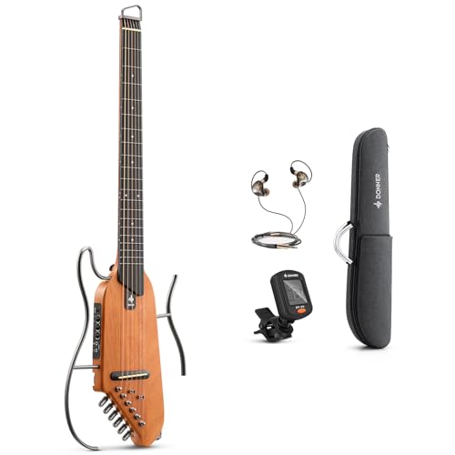 Donner HUSH I Guitar For Travel - Portable Ultra-Light and Quiet Performance Headless Acoustic-Electric Guitar, Mahogany Body with Removable Frames, Gig Bag, and Accessories Natural