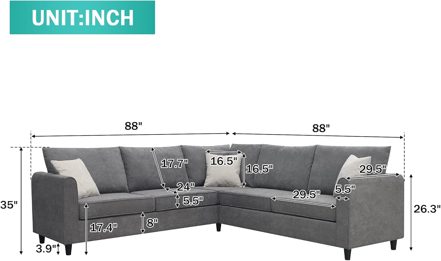 Harper & Bright Designs L-Shape Living Room Set, Modern Upholstered Sectional Sofa, Home Furniture Couch Set with 3 Pillows, Sectional Sofa Couch, Gray