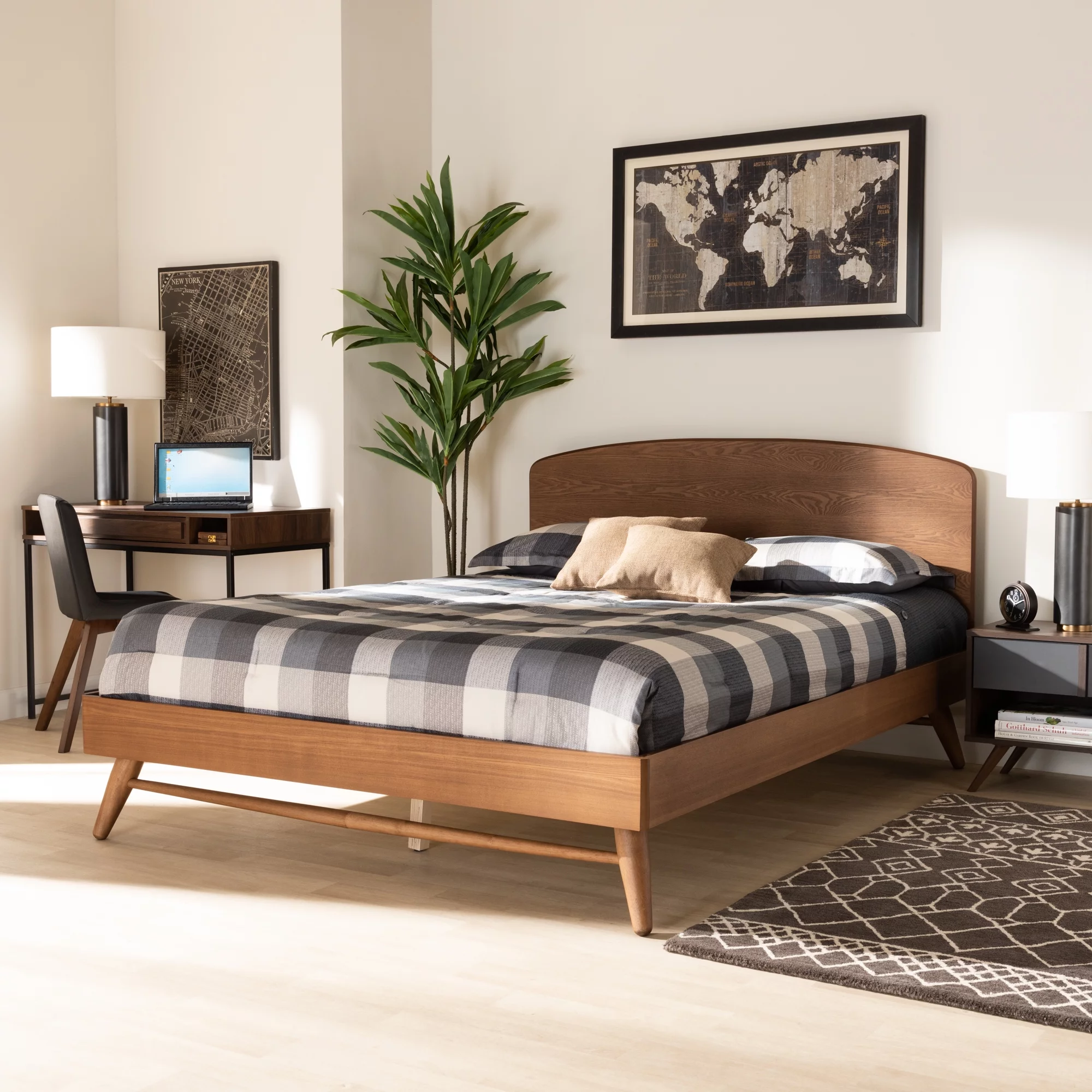 Baxton Studio Keagan Mid-Century Engineered Wood Back Support Platform Bed, Queen, Walnut Brown