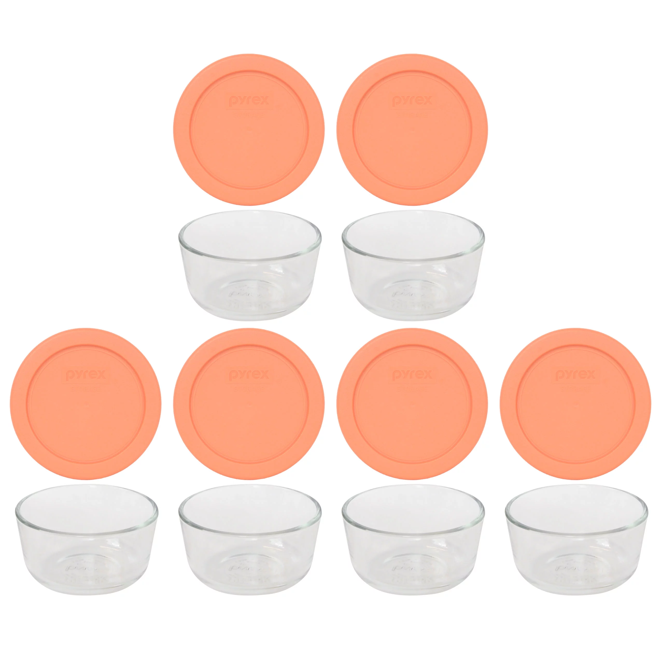 Pyrex 7202 1-Cup Clear Round Glass Food Storage Bowl and 7202-PC Bahama Sunset Orange Lid (4-Pack)