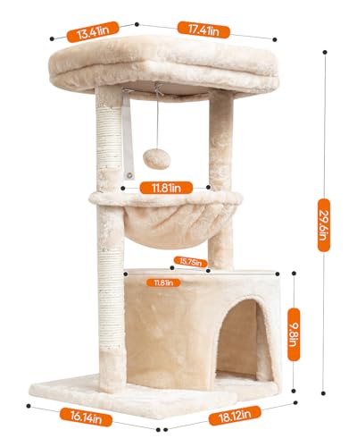 SYANDLVY Small Cat Tree for Indoor Cats, Kittens Condo with Scratching Post and Board, Modern Activity Tower with Cradle, Beige