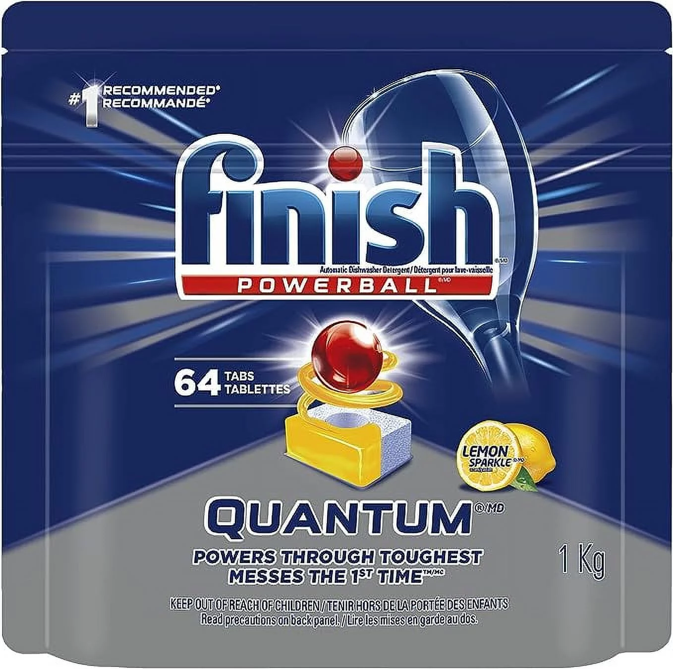 Finish Power Ball Quantum dishwasher detergent pods, Powers through toughest messes the 1st time, For Shine & Deep Clean, Lemon Sparkle, 64 Tabs