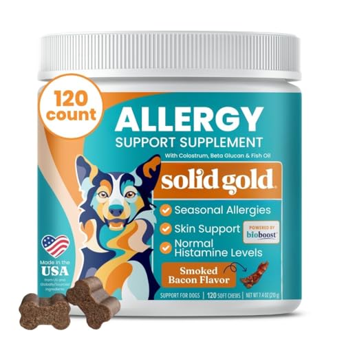 Solid Gold Dog Allergy Relief Chews - Dog Itching Skin Relief & Seasonal Allergies Support - Alaskan Salmon Oil for Dogs Skin, Coat & Immune Support - Bacon Flavor Soft Allergy Chews for Dogs -120ct