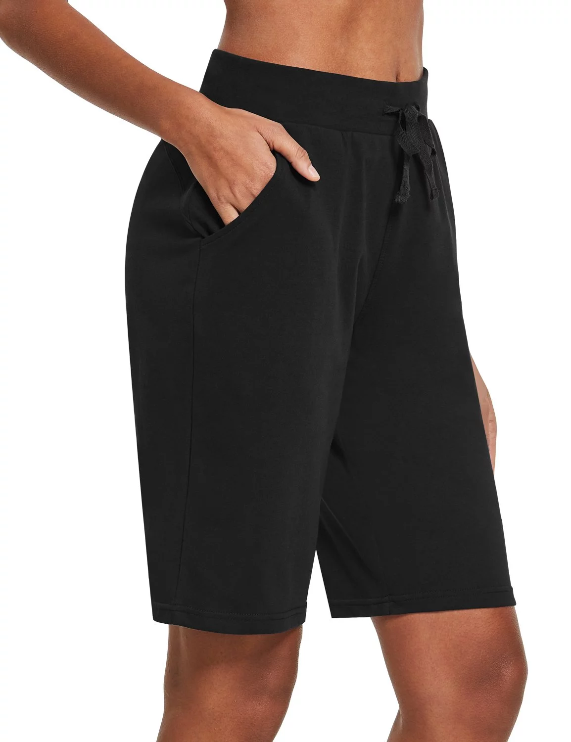 BALEAF Women's Bermuda Shorts Cotton Long Shorts with Pockets Black XS