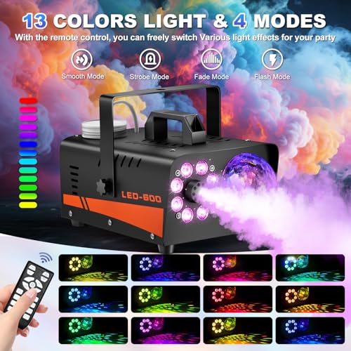 Fog Machine, Halloween Smoke Machine with Disco Ball Lights, 600W and 3000CFM with 13-Color LED Effects, Wired And Wireless Remote Controls, Ideal for Indoor, Outdoor, Wedding, Parties, and DJ Stage