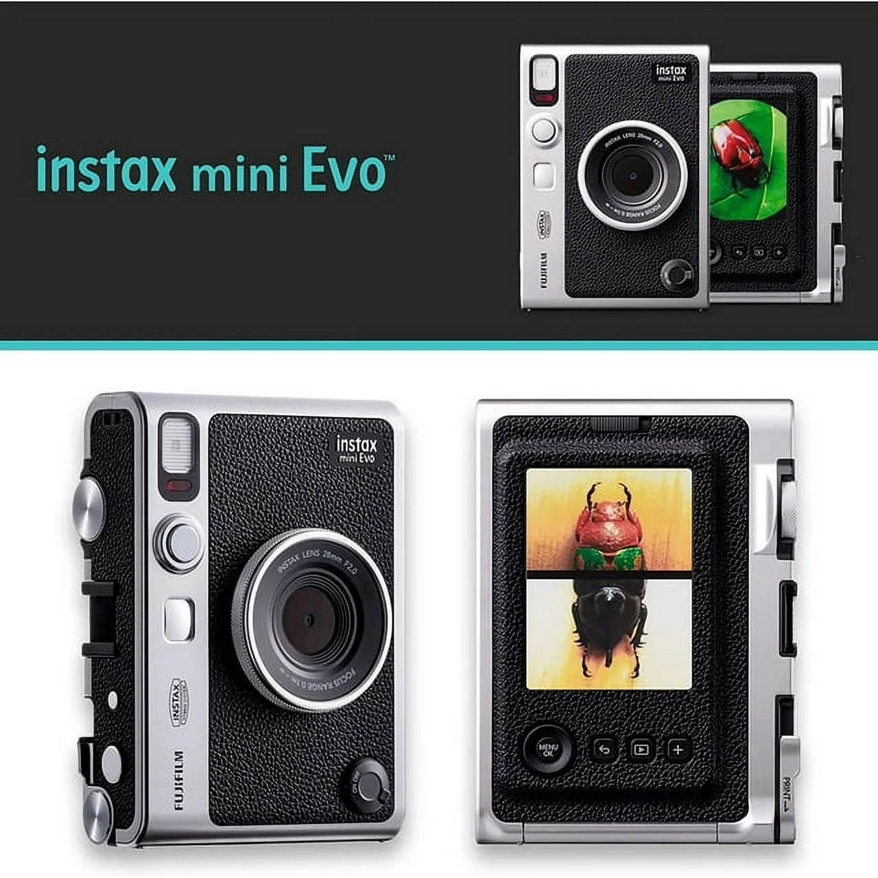 Fujifilm Instax Mini EVO Hybrid Black Instant Camera - DealExpo Bundle | Instax Mini Twin Pack Instant Film | 16GB microSD Card with Adapter | Black Camera Case