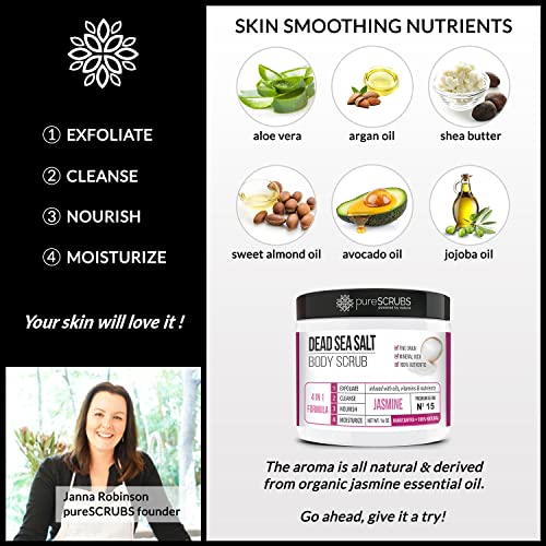 pureSCRUBS Premium Eucalyptus Body Scrub Set - Large 16oz Dead Sea Salt Body Scrub With Infused Essential Oils & Nutrients, Includes Wooden Spoon, Loofah & Oatmeal Exfoliating Bar Soap