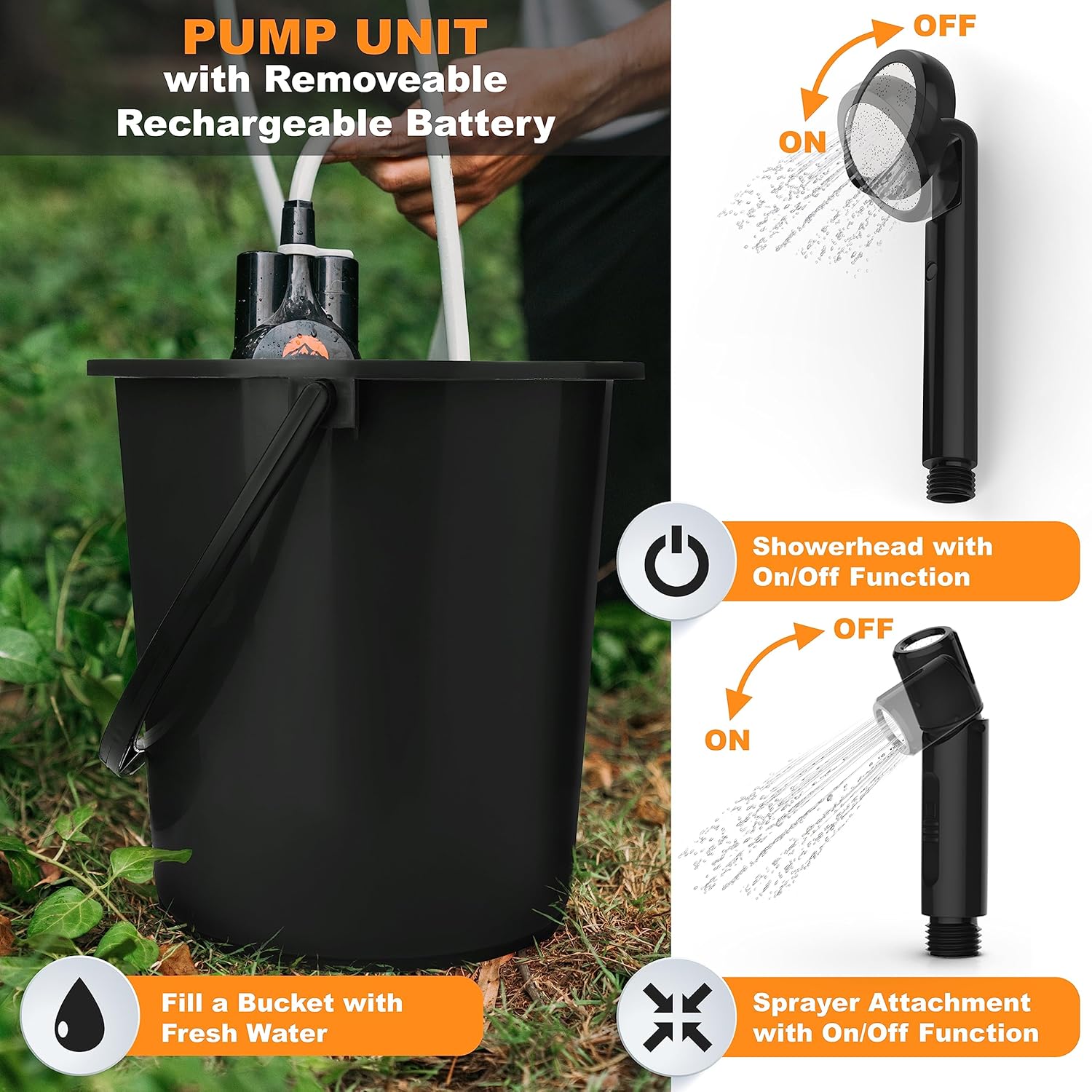 Portable Shower for Camping - Camp Shower with Rechargeable Battery and Included showerhead. Complete Camping Shower Plus Sprayer Attachment