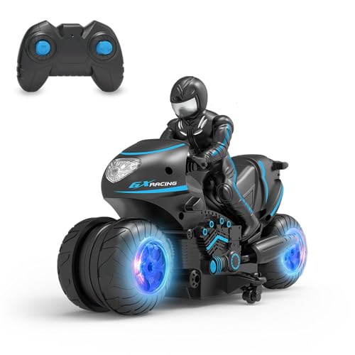RC Motorcycle with LED Wheels, Remote Control Motorcycle 360° Spinning Wheels Stunt Motorbike - Rotating Drift 2WD High Speed Car Toys with Riding Figure - Gift for Kids Boys Girls - Blue