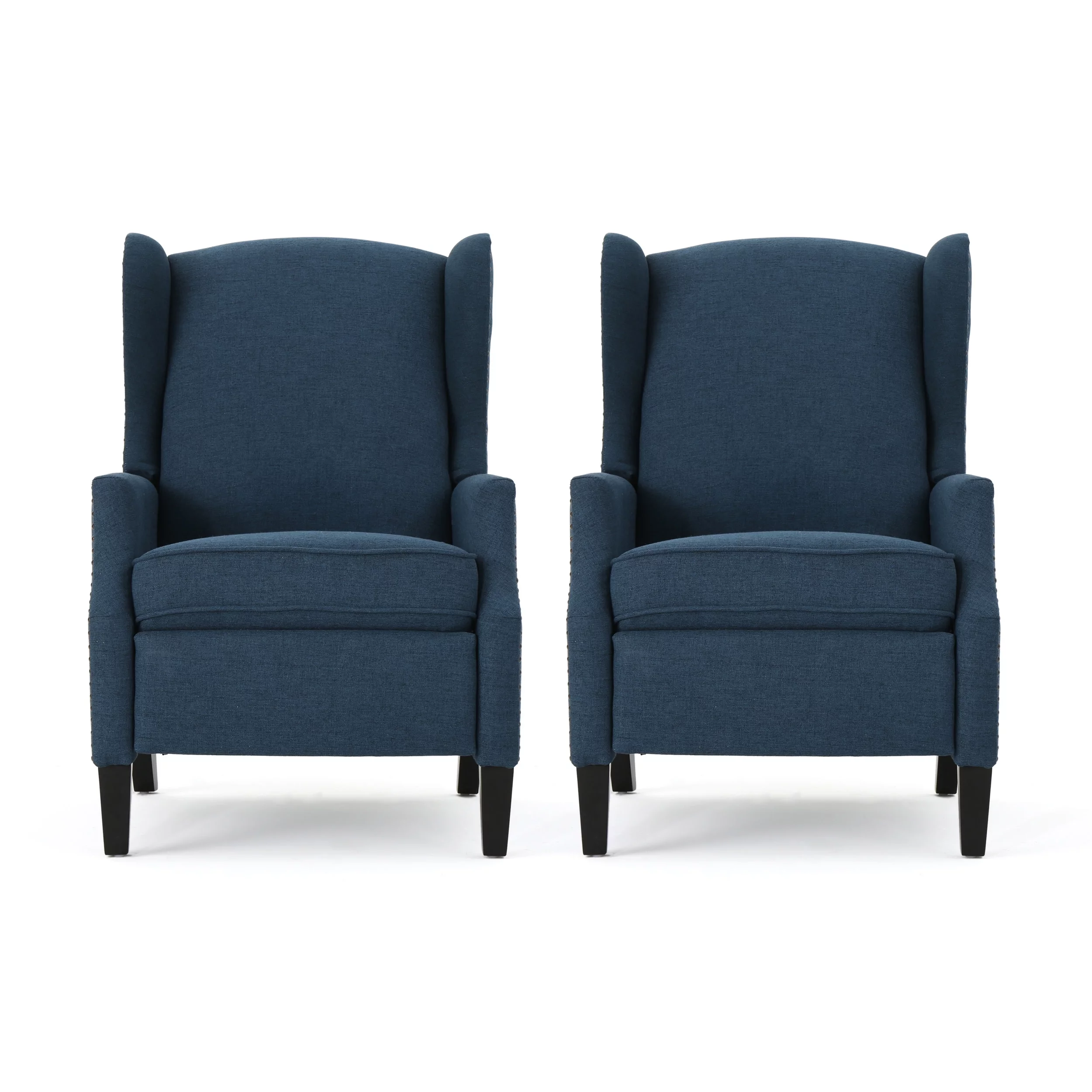 GDF Studio Weyland Contemporary Fabric Pushback Recliner, Set of 2, Navy Blue and Dark Brown