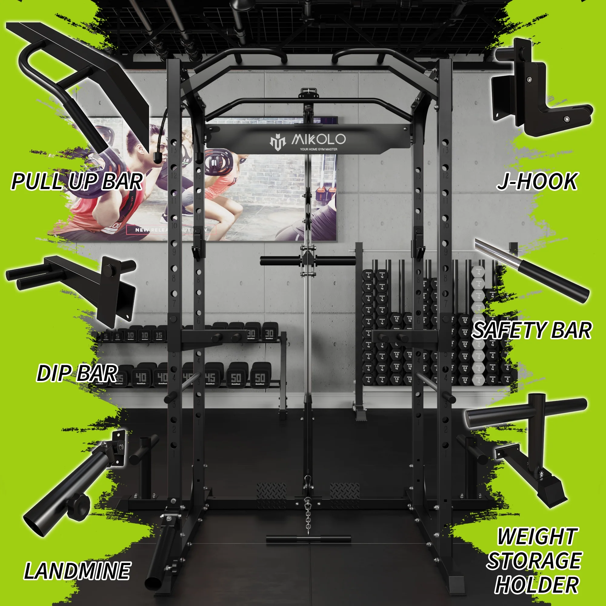 Mikolo Power Rack Cage with LAT Pulldown System,1200LBS Capacity Power Rack, Multi-Functional Squat Rack with 13-Level Adjustable Height and J-Hooks, Dip Bars, T-Bar, Squat Rack (Upgraded)