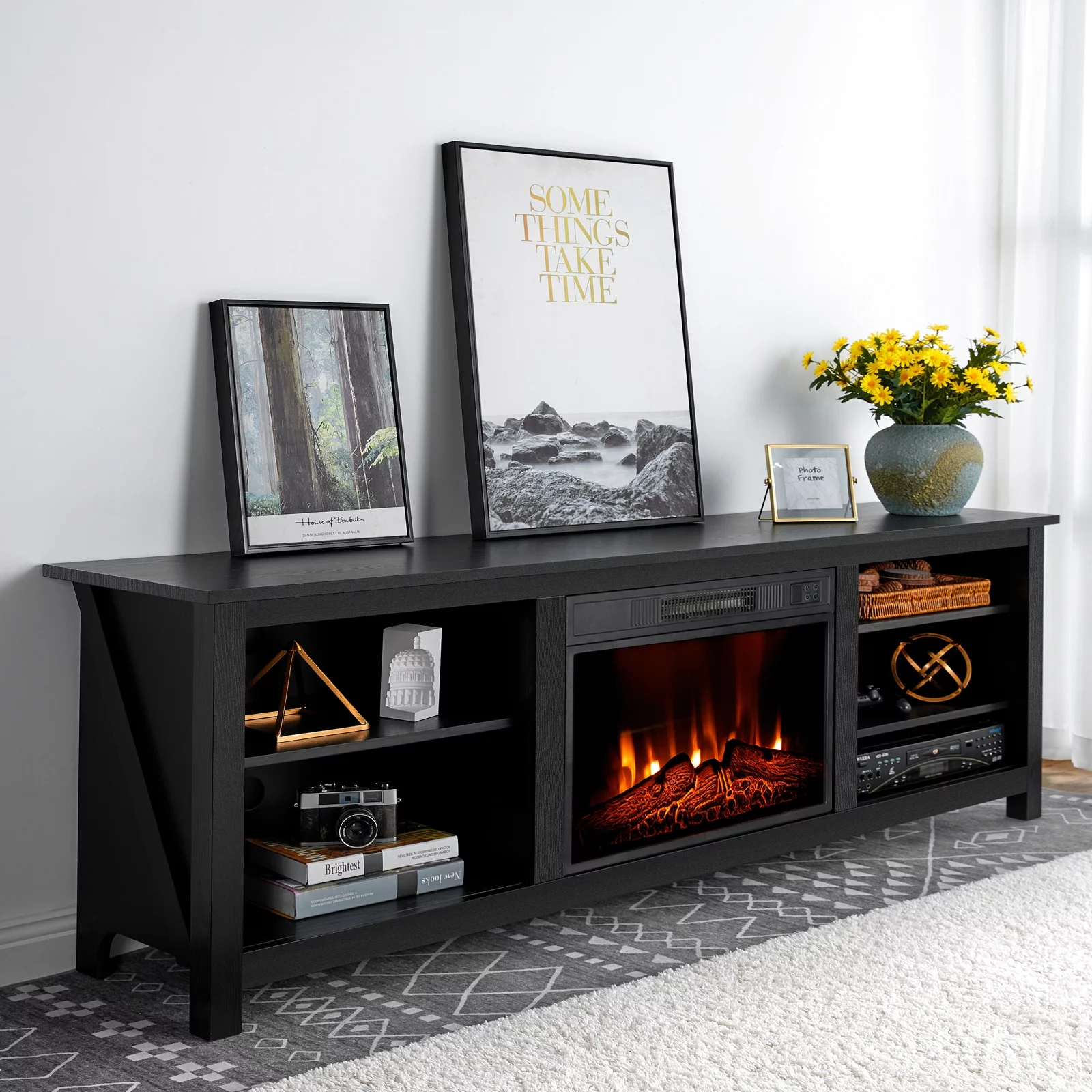 Amerlife Fireplace TV Stand,Wood Texture Entertainment Center,Black