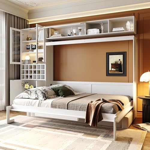 P PURLOVE Queen Murphy Bed with Sofa and Shelves, Wooden Wall Bed with USB and Light, No Box Spring Needed (White)