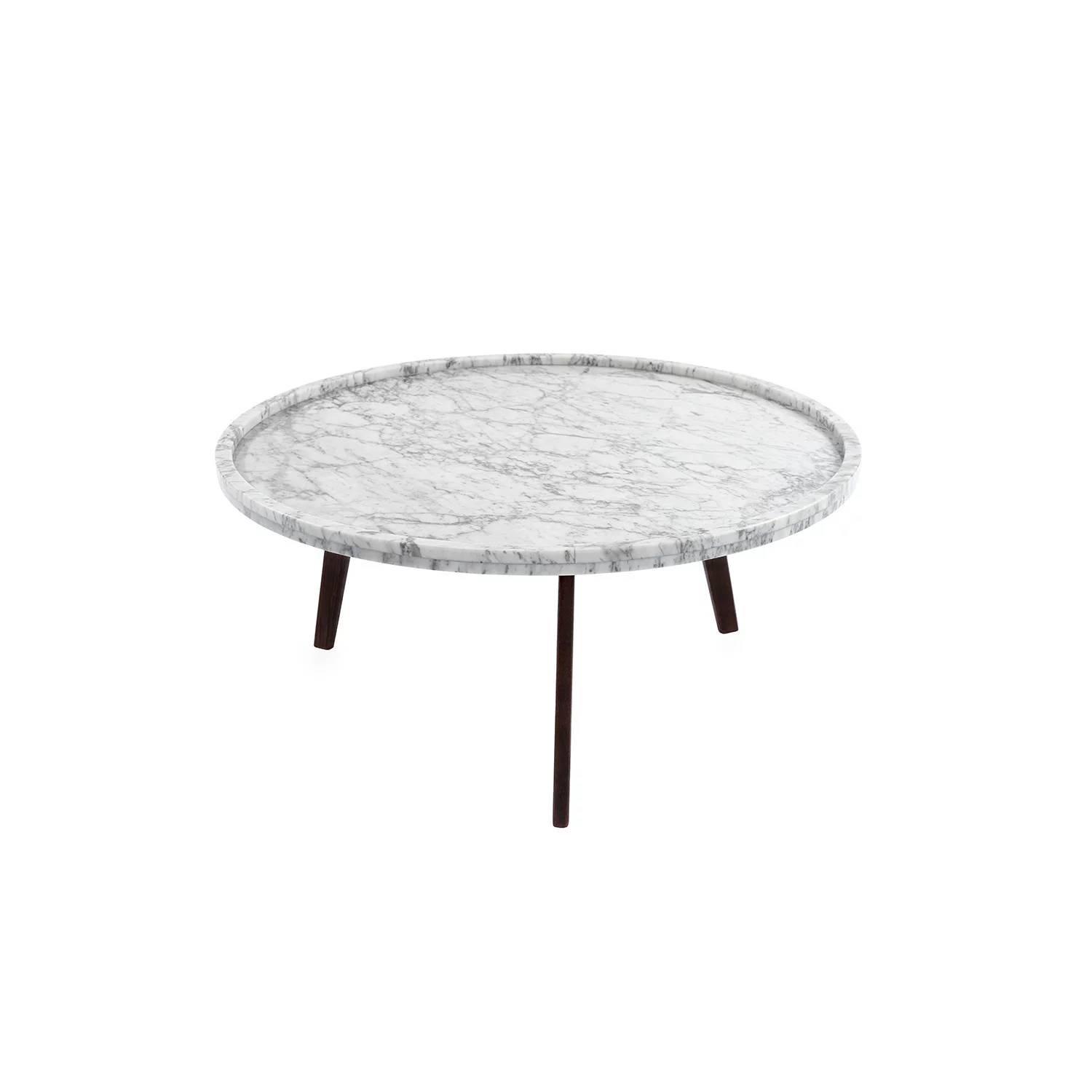 The Bianco Collection  31 in. Cassara Round Italian Carrara White Marble Coffee Table with Walnut Legs