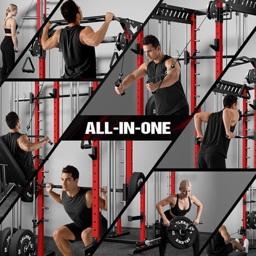 M21 Smith Machine, Multi-Function Power Cage with Dual Pulley Cable Crossover System, 2000LBS All-in-One Squat Rack with Smith Bar and Attachments