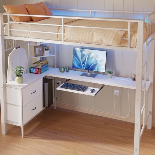 Gizoon Twin Loft Bed with L-Shaped Desk and LED Lights, Charging Station, Storage Shelves, Heavy Duty Metal Loft Bed Frame with Drawers, Safety Guard & Ladder, No Box Spring Needed, Space-Saving,Brown