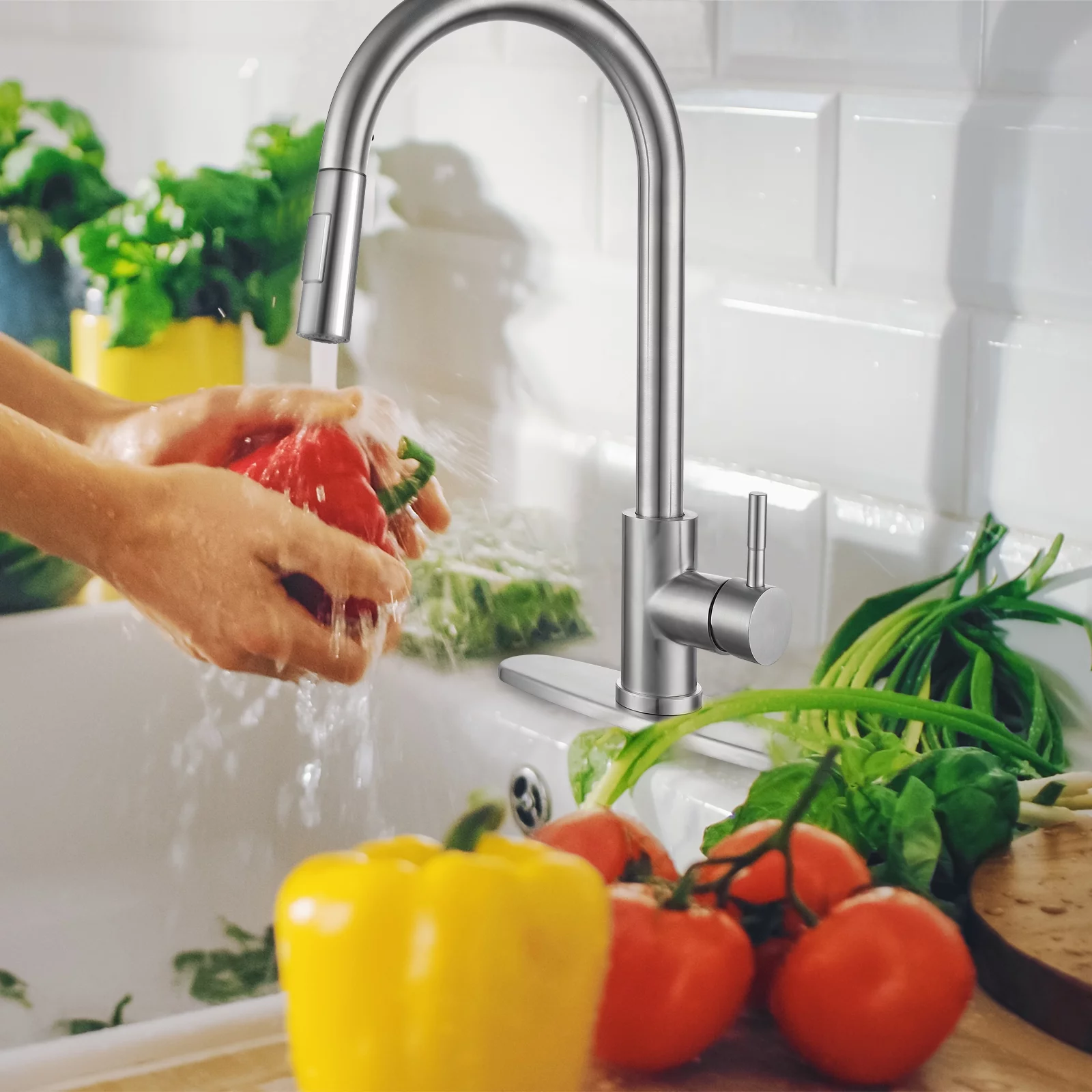 WYRAVIO Kitchen Faucet with Pull Down Sprayer, 304 Stainless Steel Kitchen Sink Faucets with Deck Plate, High Arc Single Handle