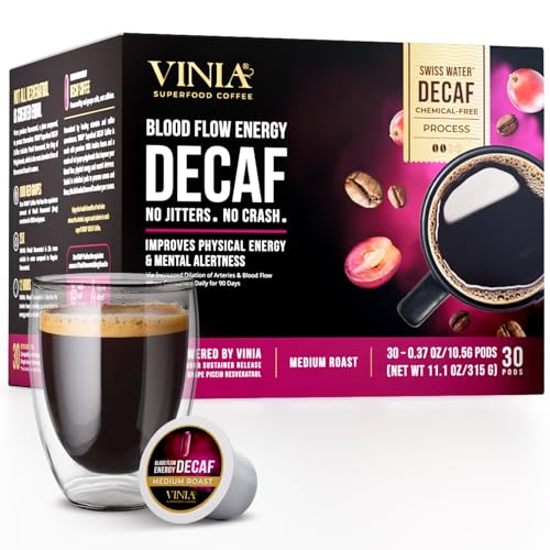 VINIA Blood Flow Energy Coffee Pods - Medium Roast Infused with Red Grape Piceid Resveratrol for Physical Energy & Mental Alertness, Keurig Compatible K Cups Superfood Coffee, Full-Bodied Chocolate Notes, 30 Ct