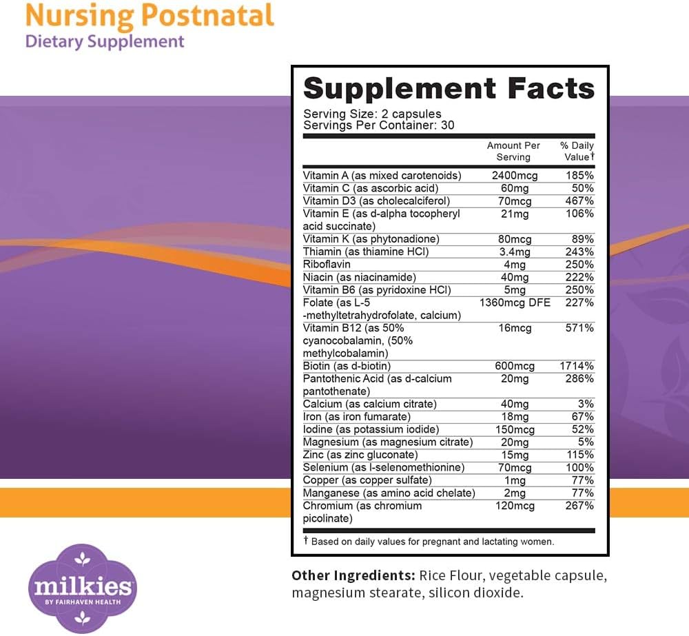Milkies Fairhaven Health Nursing Postnatal Vegetarian Supplement for Breastfeeding Women with Vitamin D and B, Nutritious Breast Milk Multivitamin - Gluten and Dairy Free - 1 Month Supply