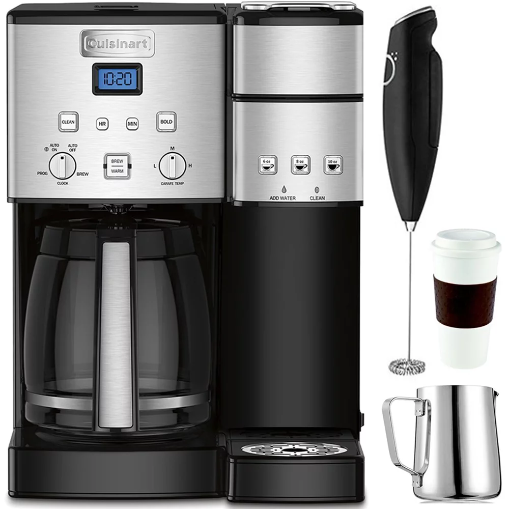 Cuisinart 12-Cup Coffee Maker and Single-Serve Brewer Stainless Steel (SS-15) with Milk Frother - Handheld Electric Foam Maker For Coffee, Milk Frothing Pitcher & Reusable To Go Mug Black