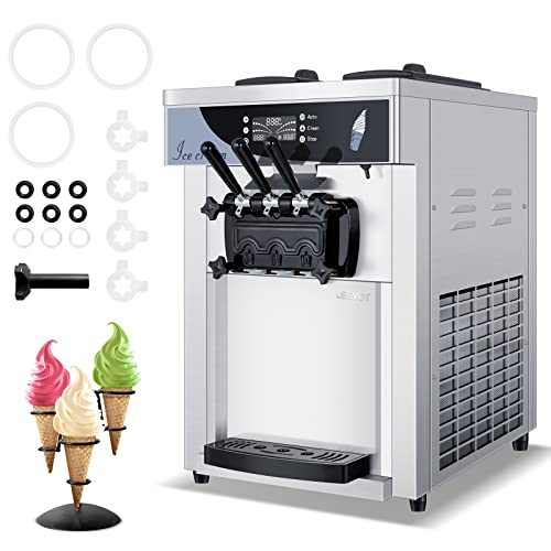 Commercial Ice Cream Maker, 1800W 3 Flavors Soft Serve Ice Cream Machine, 25L/H Yield 5.3 to 7.4Gallon per Hour PreCooling at Night Auto Clean LCD Panel for Restaurants Snack Bar, Sliver