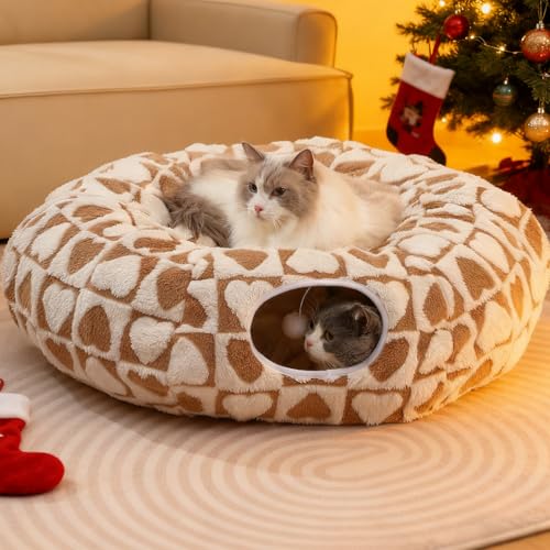 Grelife Cat Tunnel Bed for Indoor Cats, Large Cat Tunnel Christmas Tree Skirt, Cat Donut Tunnel Toys with Warm Plush, Non-Slip Base, Removable Cushion, Perfect for Cats, Kittens, Small Pets(33.4