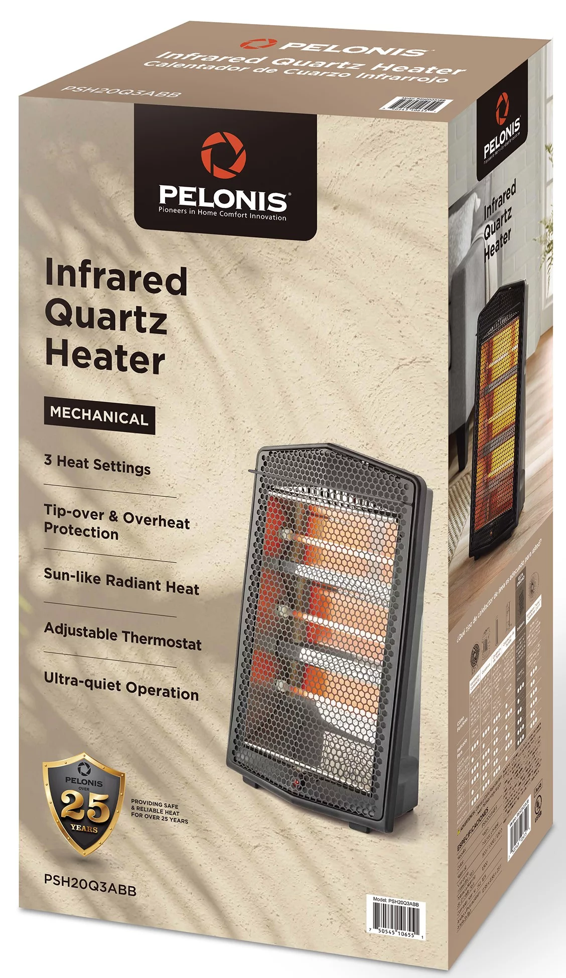 Pelonis 1500W Ultra Quiet Quartz Radiant Heater, PSH20Q3ABB, Black