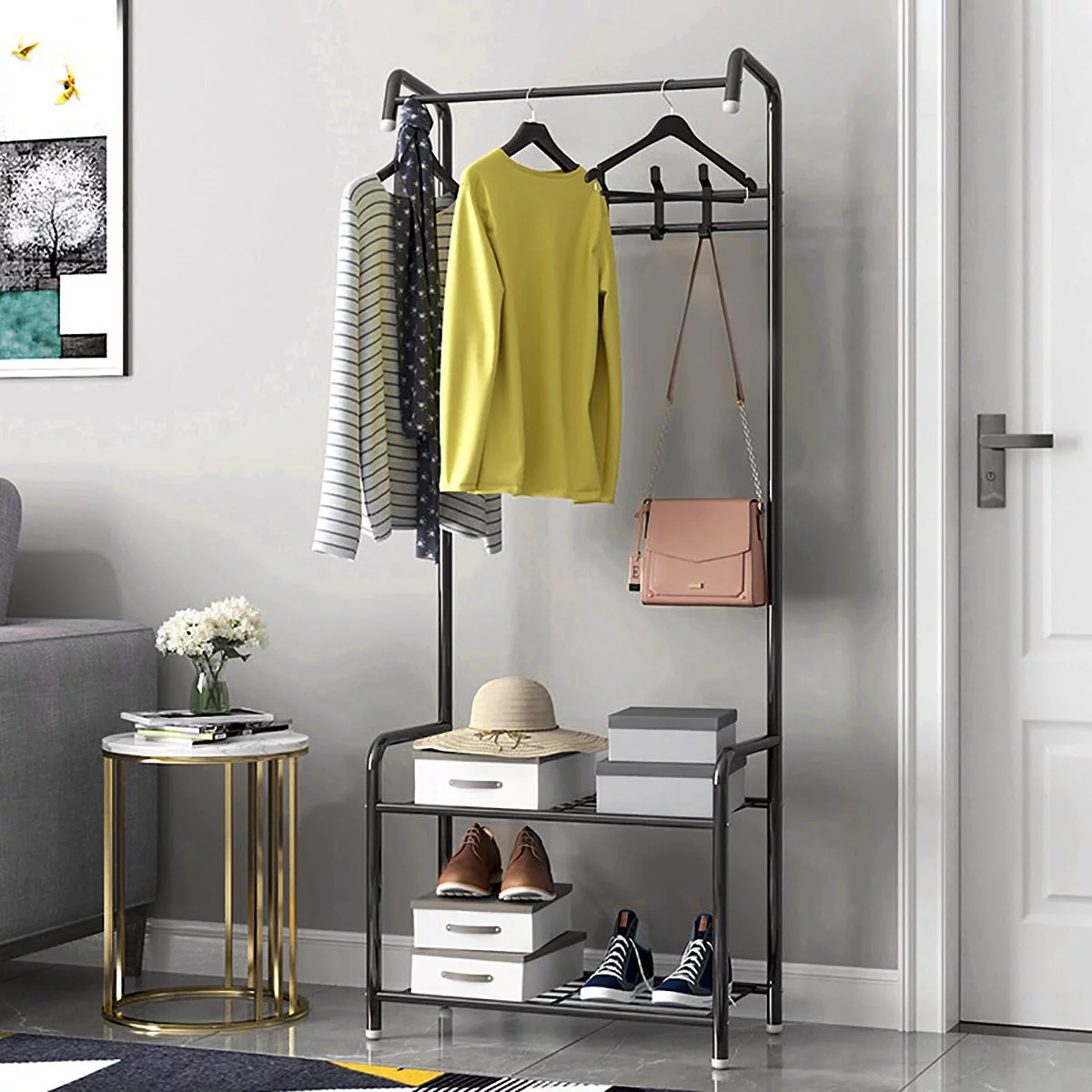 Hall Tree Entryway Coat Rack, 3 in 1 Entryway Bench Coat Rack Freestanding Shoe Rack Bench, Multifunction Mudroom Bench, Metal Hall Tree Storage Organizer Shelf Clothes Stand