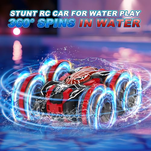 Waterproof Remote Control Car，4WD Amphibious 2.4 GHz RC Car Remote Control Boat，360°Rotation RC Stunt with LED Lights，Boys Girls Gifts All Terrain Water Beach Pool Toy