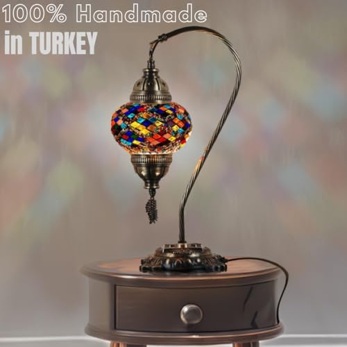 DEMMEX Turkish Moroccan Mosaic Table Lamp – Handcrafted Tiffany-Style Colorful Glass Swan Neck Bedside, Desk, Table Light, Boho Artisan Accent Lighting for Bedroom or Living Room – 15