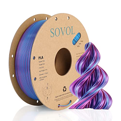 Sovol PLA Filament Silk Tri Color Co-Extrusion 1.75mm, 3D Printer Filament 1kg/ 2.2lbs, Shiny Silk Rose Blue Yellow 3 in 1 Coextrusion PLA Material +/-0.03mm