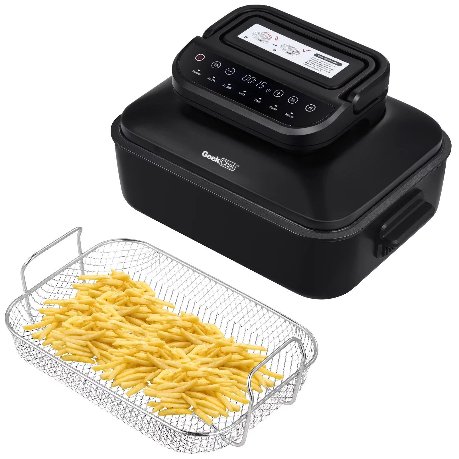 Geekchef 7-in-1 Indoor Grill with 6 Qt Air Fryer Combe, Roast and Bake, Smokeless & Oilless, 1500W, Black