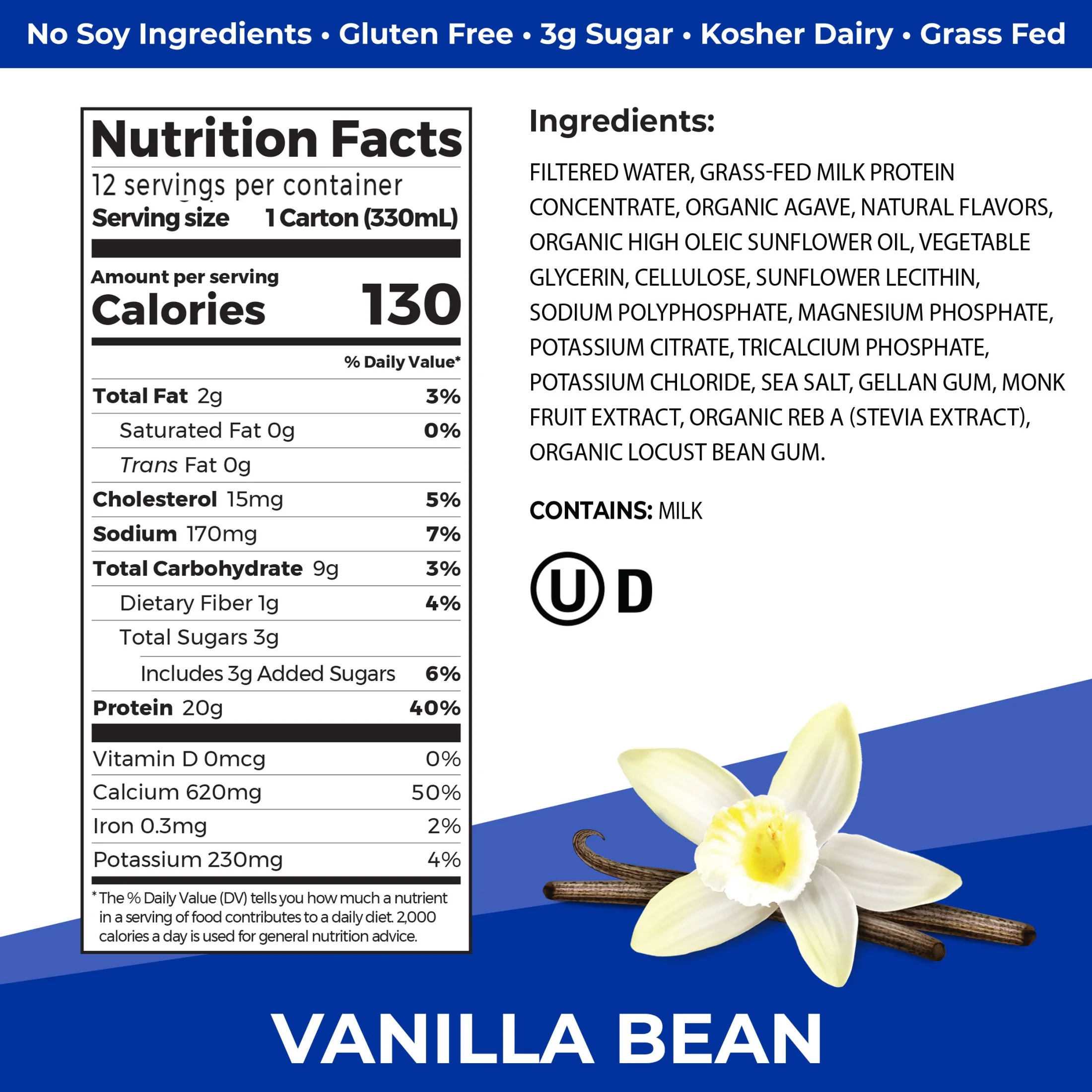 Orgain 20g Grass Fed Clean Protein Grass-Fed Shake- Vanilla Bean 11oz, 12ct