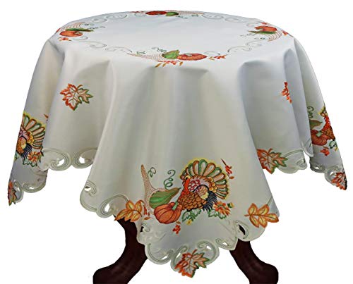 Creative Linens Fall Harvest Thanksgiving Tablecloth, Embroidered Turkey Pumpkin Maple Leaf Sunflower Ivory Holiday Decoration, 52” Round Topper