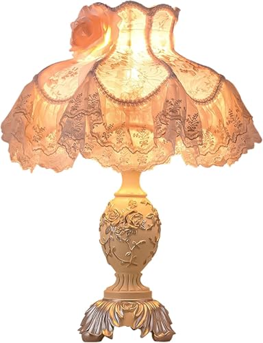 Pink European Style Desk Lamp with Fabric Shade,Victorian Table Lamp with E27 Bulb and Button Switch European Vintage Lamps for Bedroom Living Room Office Study