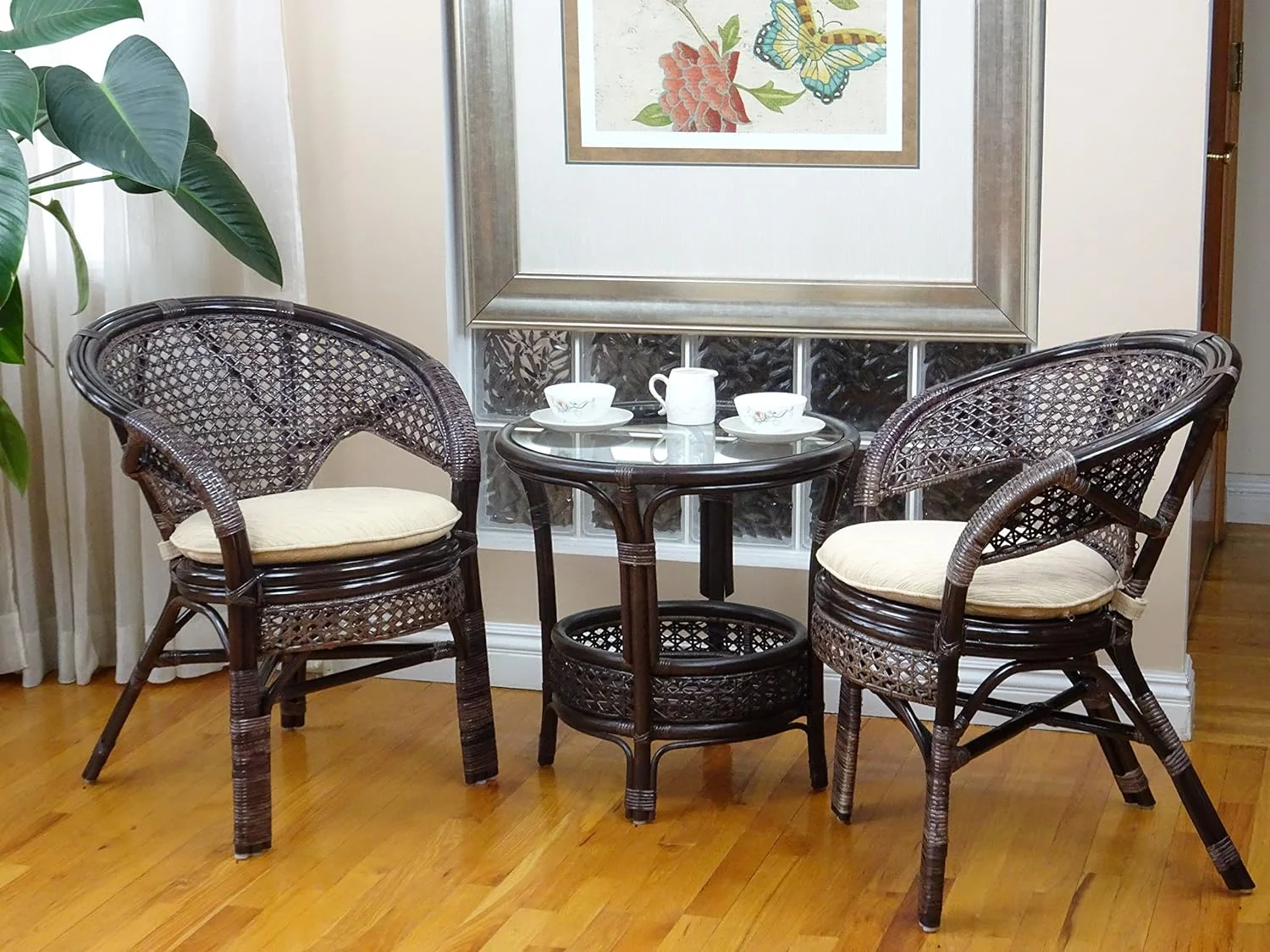 Pelangi Round Coffee Table Natural Rattan Wicker With Glass Top Handmade, Dark Brown