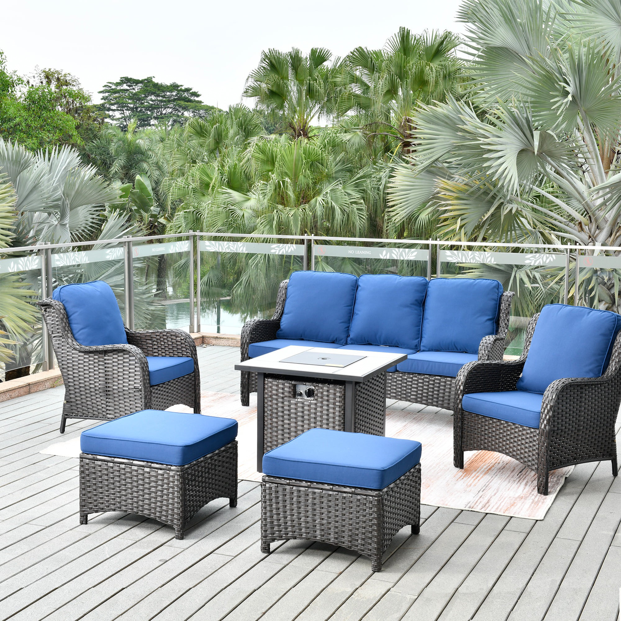 Ovios 6 Pieces Outdoor Patio Furniture Set Brown Conversation Outdoor Sectional Sofa with Gas Fire Pit CSA Approved