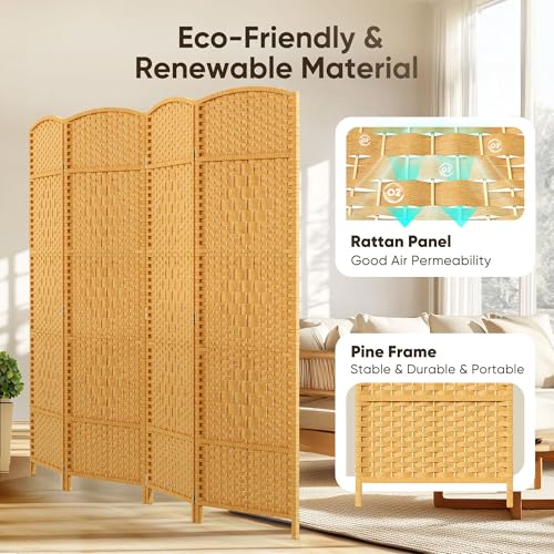 JOSTYLE Folding Privacy Room Divider, 4 Panel Screen Divider 6 ft. Tall Freestanding Extra Wide Rattan Room Partition Wall Separation Dividers, Grey
